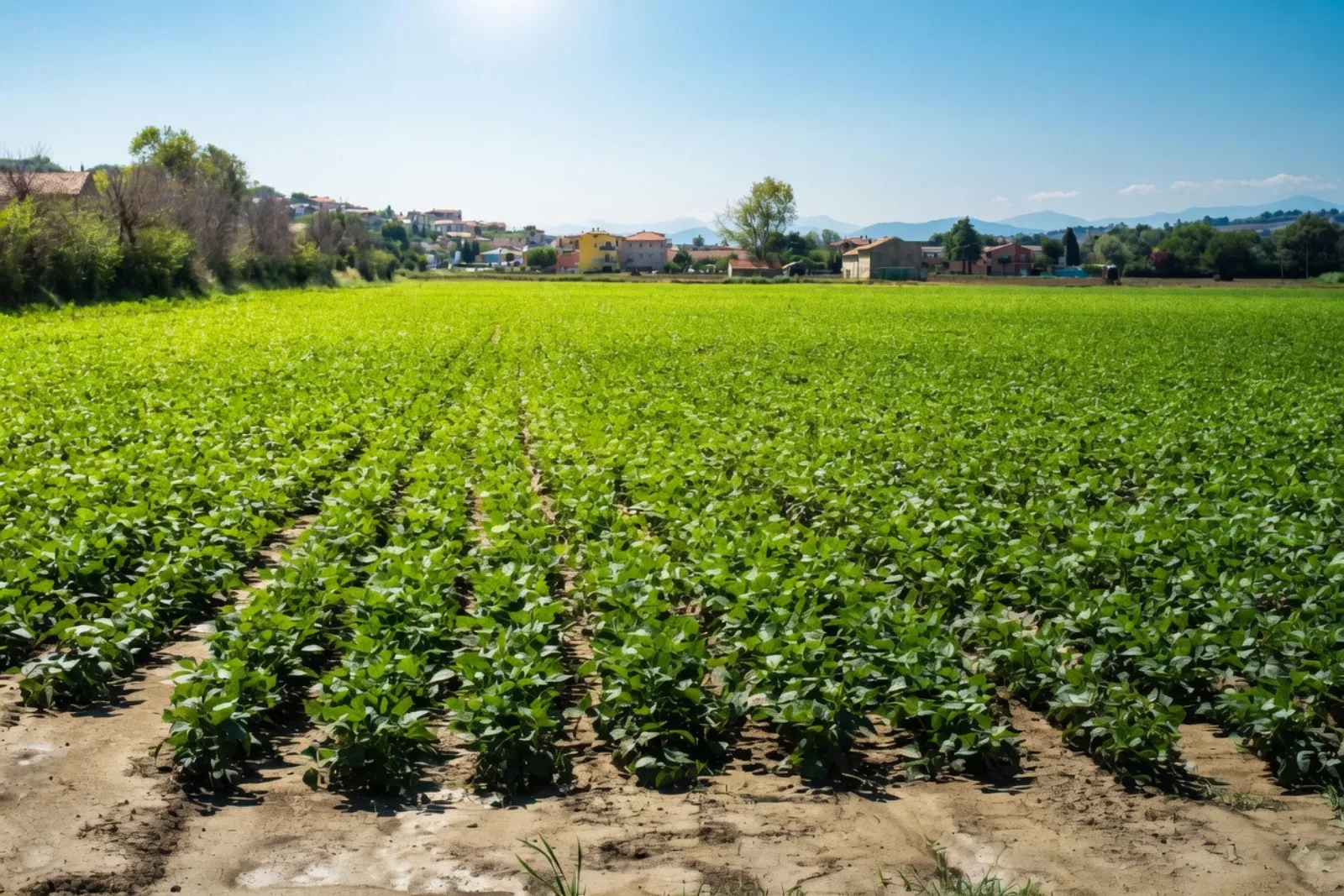 Rows of pulse crops growing in a sunlit field
